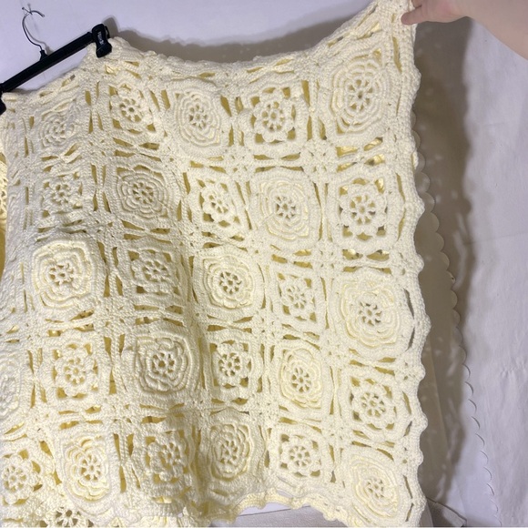Vintage Handmade Cream Crochet Lace Granny Square Flower Afghan Blanket - Picture 5 of 14